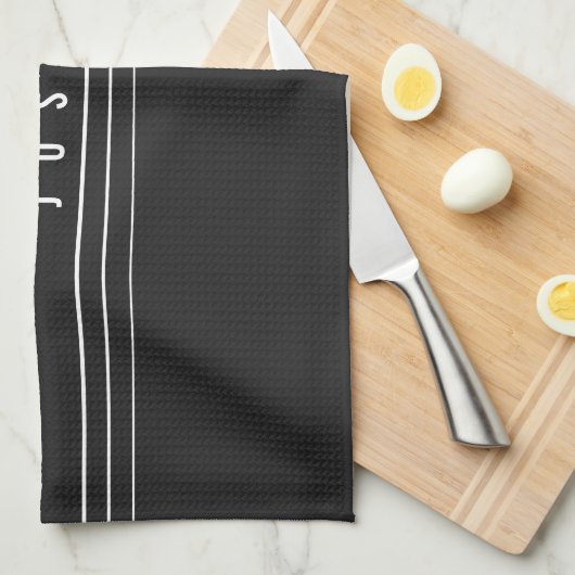 Bewerkbare naam en geometrische strepen | Zwart-wi Theedoek (Quarter Fold)