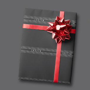 Bewerkbare naam & geometrische strepen   Zwart & W Cadeaupapier