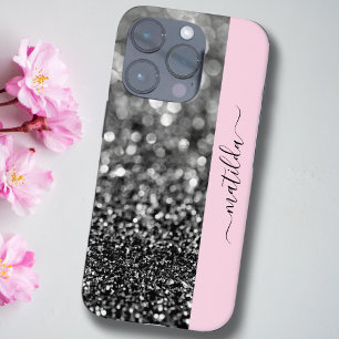 BEWERKBARE naam Glitter Bokeh grafiet & baby pink iPhone 16 Pro Hoesje