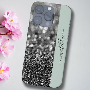 BEWERKBARE naam Glitter Bokeh grafiet & salie groe iPhone 16 Pro Hoesje