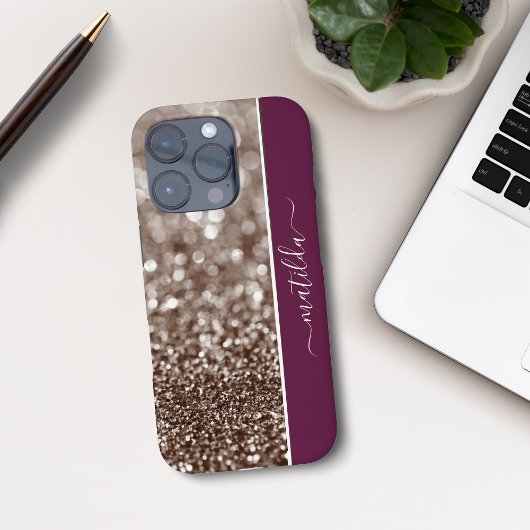 BEWERKBARE naam Glitter Bokeh koper en bordeauxroo Case-Mate iPhone Case