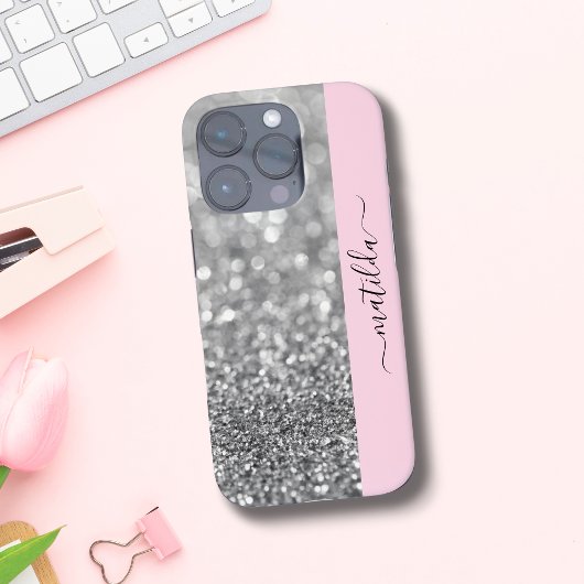 BEWERKBARE naam Glitter Bokeh silver & baby pink Case-Mate iPhone Case