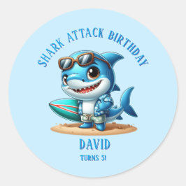 Bewerkbare naam jongens haaien feest cadeau sticke ronde sticker