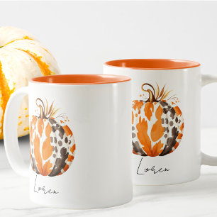 Bewerkbare naam Schattigee Oranje pompoenoogst Her Tweekleurige Koffiemok