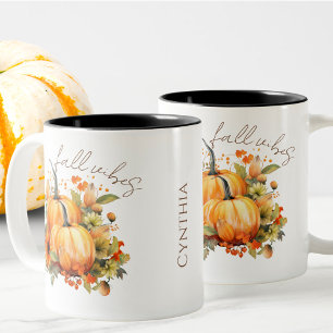 Bewerkbare naam Schattigee Oranje pompoenoogst Her Tweekleurige Koffiemok
