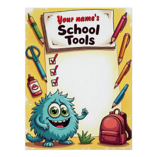 Bewerkbare naam schoolbenodigdhedenlijst perfect poster (Voorkant)