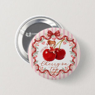 [Bewerkbare naam] Zoete Kers Op De Roze Meisjesnaa Ronde Button 5,7 Cm