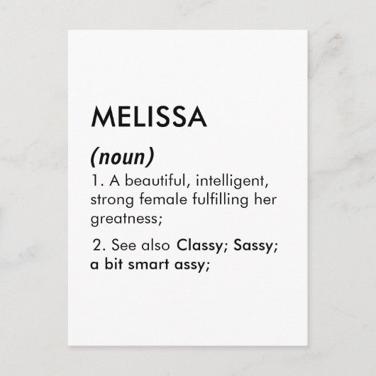 Bewerkbare naamdefinitie Melissa, aangepaste naam Briefkaart (Voorkant)