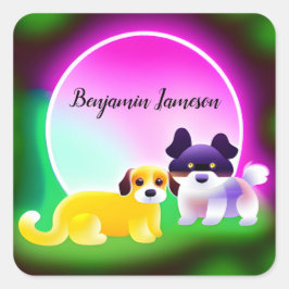Bewerkbare naamstickers met schattige honden vierkante sticker