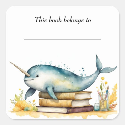 Bewerkbare Narwhal en Boeken Bookplate Sticker (Voorkant)