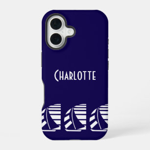 Bewerkbare nautische raceboten blauw wit iPhone 16 hoesje