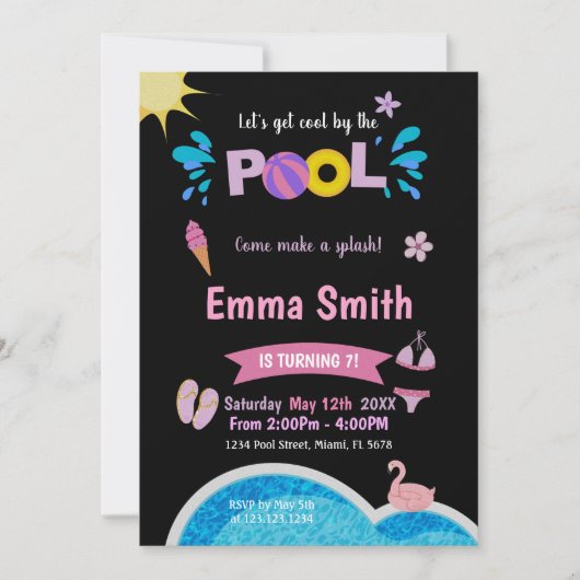 Bewerkbare Neon Splash Summer Swim Party Uitnodige Kaart (Voorkant)