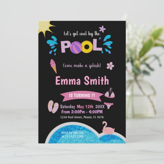 Bewerkbare Neon Splash Summer Swim Party Uitnodige Kaart (Staand voorkant)