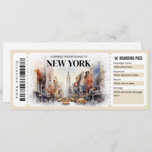 Bewerkbare New York Boarding Pass Vliegticket Kaart (Voorkant / Achterkant)
