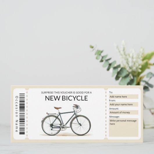 Bewerkbare nieuwe fiets cadeaubon kaart (Staand voorkant)