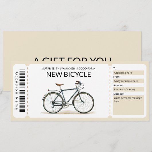 Bewerkbare nieuwe fiets cadeaubon kaart (Voorkant / Achterkant)