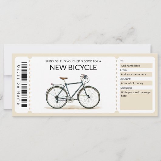 Bewerkbare nieuwe fiets cadeaubon kaart (Voorkant)