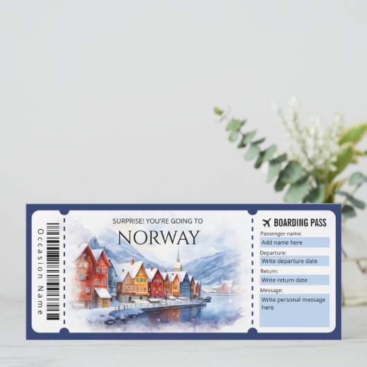 Bewerkbare Noorwegen vliegtuig instapkaart ticket Kaart (Staand voorkant)