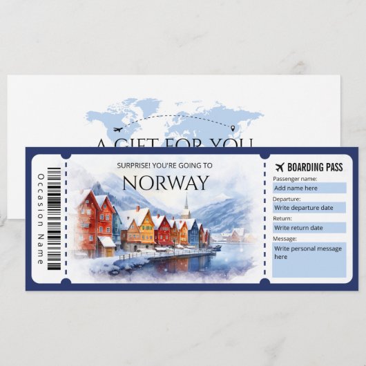 Bewerkbare Noorwegen vliegtuig instapkaart ticket Kaart (Voorkant / Achterkant)