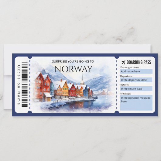 Bewerkbare Noorwegen vliegtuig instapkaart ticket Kaart (Voorkant)