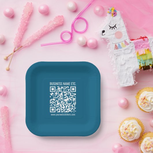 Bewerkbare Ocean Blue QR-code Papieren Bordje (Feest)