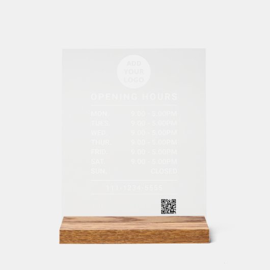 Bewerkbare openingstijden logo en qr-code acryl bord (Voorkant)