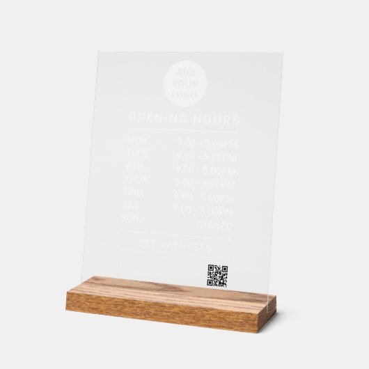 Bewerkbare openingstijden logo en qr-code acryl bord (Hoek)