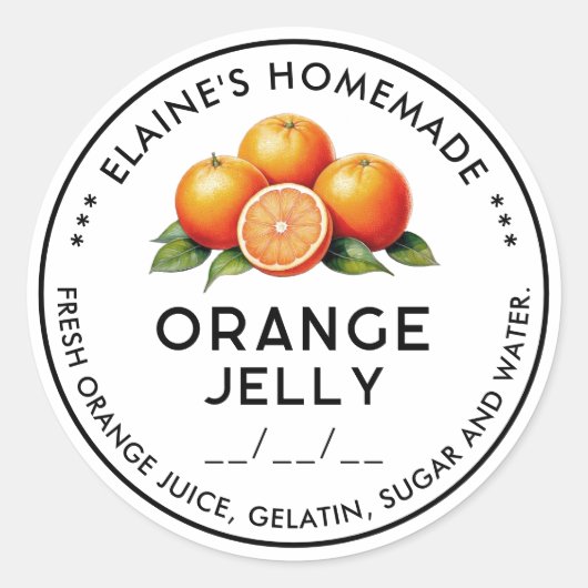 Bewerkbare oranje jelly ingrediënten inblikken lab ronde sticker (Voorkant)