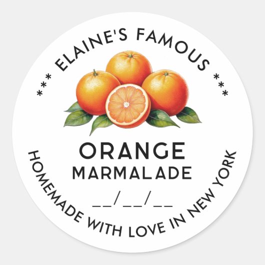 Bewerkbare oranje marmelade sticker met datum (Voorkant)