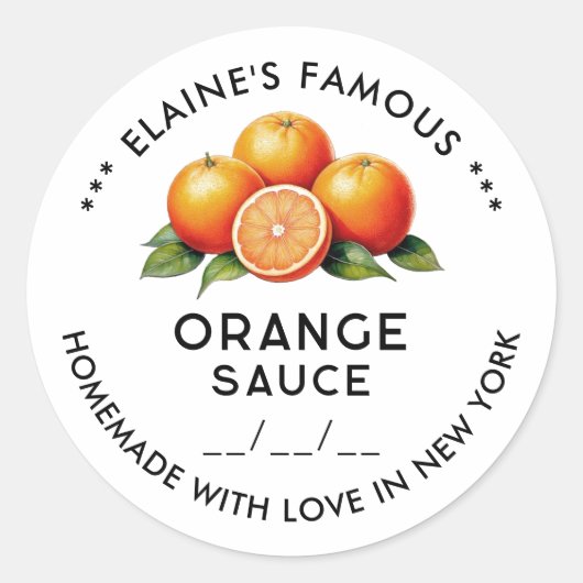 Bewerkbare oranje sauzesticker met datum ronde sticker (Voorkant)