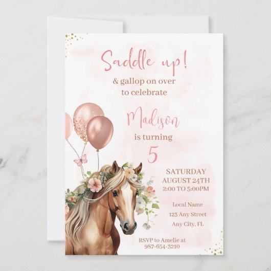 Bewerkbare Paard Verjaardag Bloemen Uitnodiging Me (Voorkant)