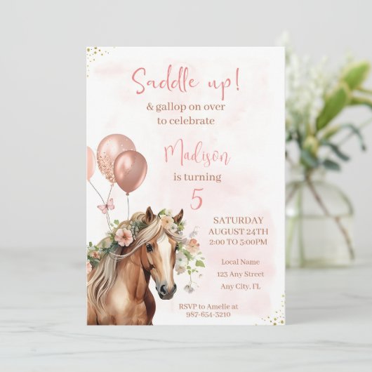 Bewerkbare Paard Verjaardag Bloemen Uitnodiging Me (Staand voorkant)