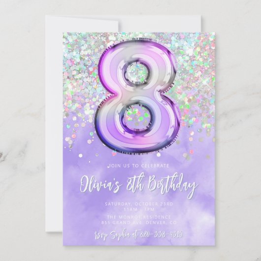 Bewerkbare Paarse 8e verjaardag uitnodiging Glitte (Voorkant)