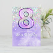 Bewerkbare Paarse 8e verjaardag uitnodiging Glitte (Staand voorkant)