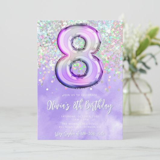 Bewerkbare Paarse 8e verjaardag uitnodiging Glitte (Staand voorkant)