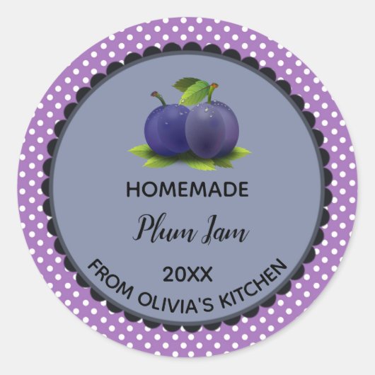 Bewerkbare Paarse Polka Dot Plum Jam Label Sticker (Voorkant)