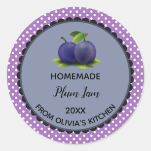 Bewerkbare Paarse Polka Dot Plum Jam Label Sticker