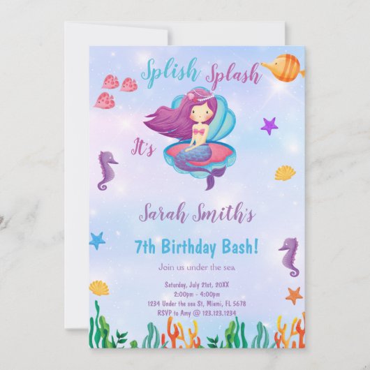 Bewerkbare Paarse Shell Zeemeermin Verjaardag Kaart (Voorkant)