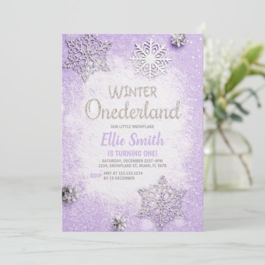 Bewerkbare Paarse Silver Glitter Winter Onederland Kaart (Staand voorkant)