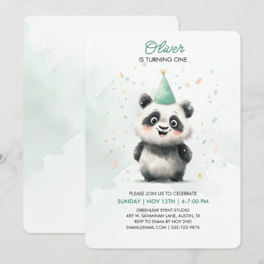 Bewerkbare Panda First Birthday Invitation Kaart (Voorkant / Achterkant)