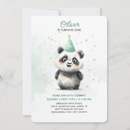 Bewerkbare Panda First Birthday Invitation Kaart (Voorkant)