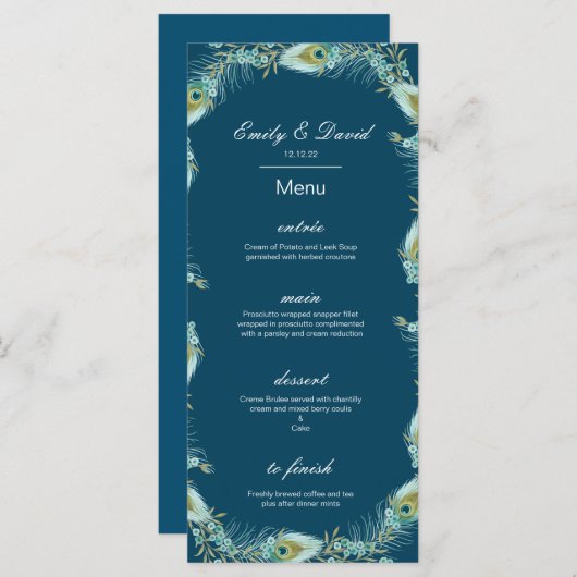 Bewerkbare Pauw Menu, Trouw Menu, Baby Shower Menu (Voorkant / Achterkant)
