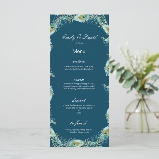 Bewerkbare Pauw Menu, Trouw Menu, Baby Shower Menu (Staand voorkant)