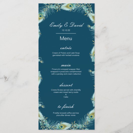 Bewerkbare Pauw Menu, Trouw Menu, Baby Shower Menu (Voorkant)