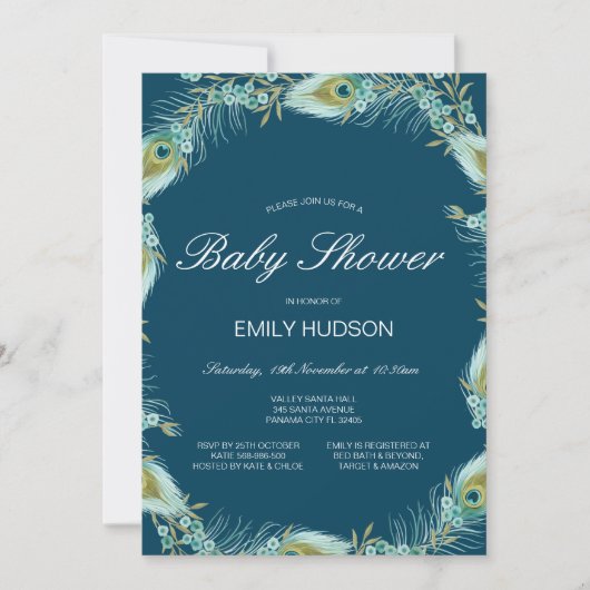 Bewerkbare Pauw Thema Baby Shower Uitnodiging (Voorkant)