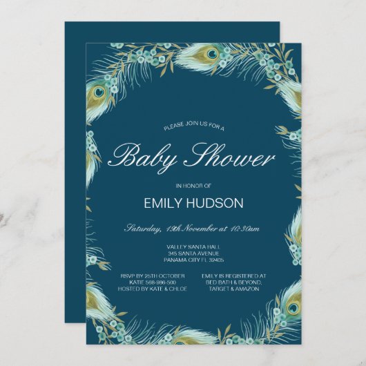 Bewerkbare Pauw Thema Baby Shower Uitnodiging (Voorkant / Achterkant)