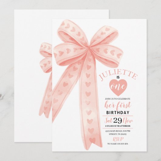 Bewerkbare Peach Bow First Girl Verjaardag Uitnodi Kaart (Voorkant / Achterkant)