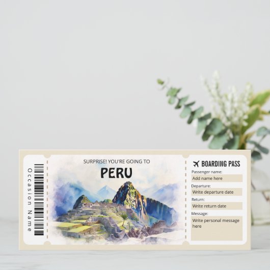 Bewerkbare Peru Plane Boarding Pass Kaart (Staand voorkant)