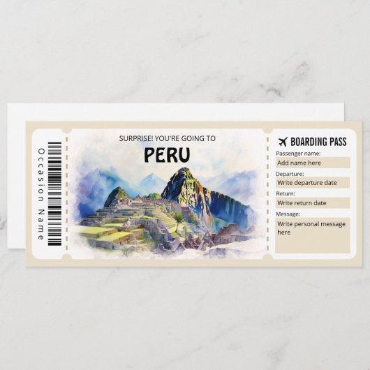 Bewerkbare Peru Plane Boarding Pass Kaart (Voorkant / Achterkant)