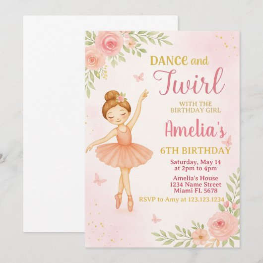 Bewerkbare Pink Dance Party Sjabloon voor meisjes Kaart (Voorkant / Achterkant)